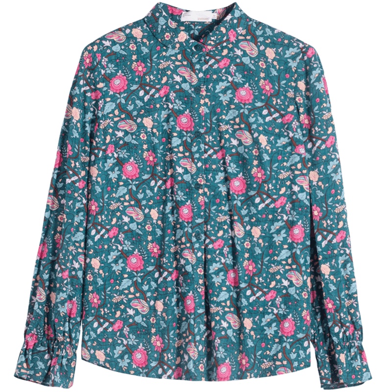 茵曼衬衣2019秋装新款花瓣袖复古奶奶风蓝色花衬衫女碎花上衣初秋