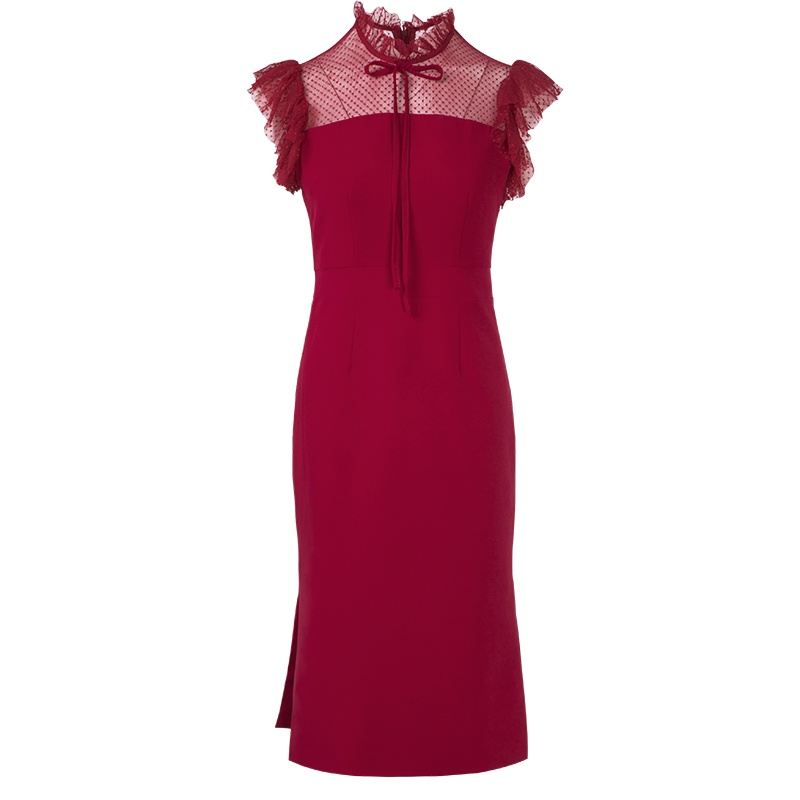 晚白2020夏季新品微透蕾丝收腰显瘦包臀裙中长款纯色无袖连衣裙女