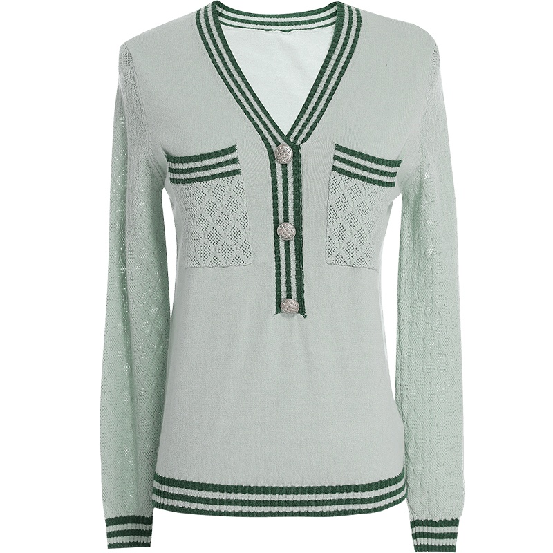 欧昵雪撞色V领套头长袖显瘦上衣女针织衫开衫