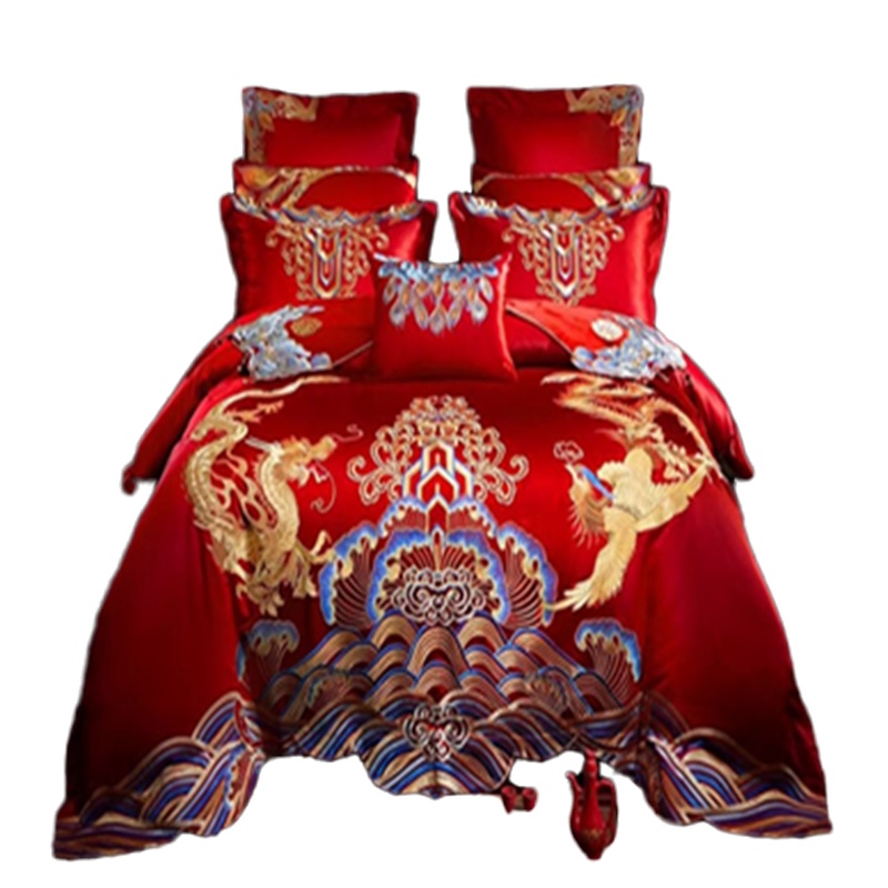 艾洛苏 60支婚庆纯棉四件套床上套装大红刺绣床上四件套六件套八件套十件套床单床盖被套靠枕结婚礼品
