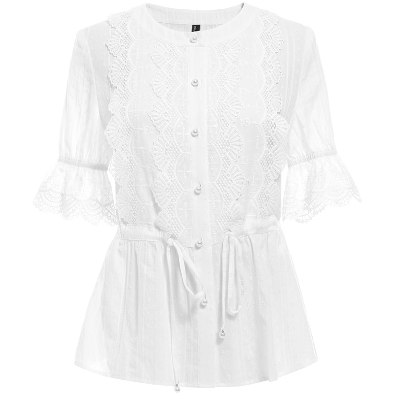 欧昵雪夏季圆领拼接蕾丝喇叭袖系带收腰小衫女纯棉上衣