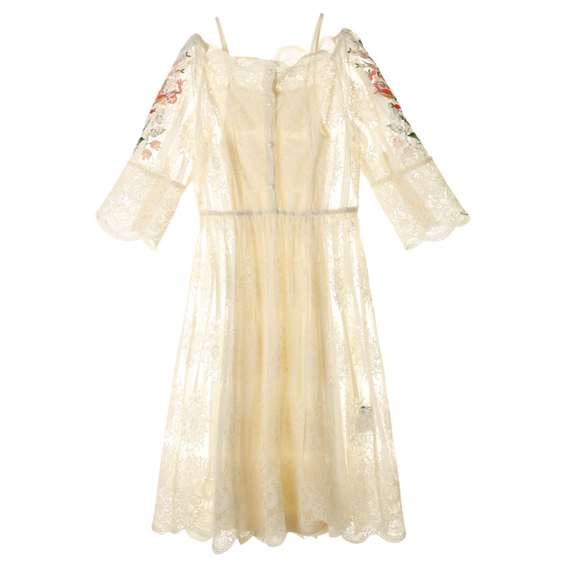 裂帛七分袖刺绣连衣裙新款吊带两件套一字领露肩裙子