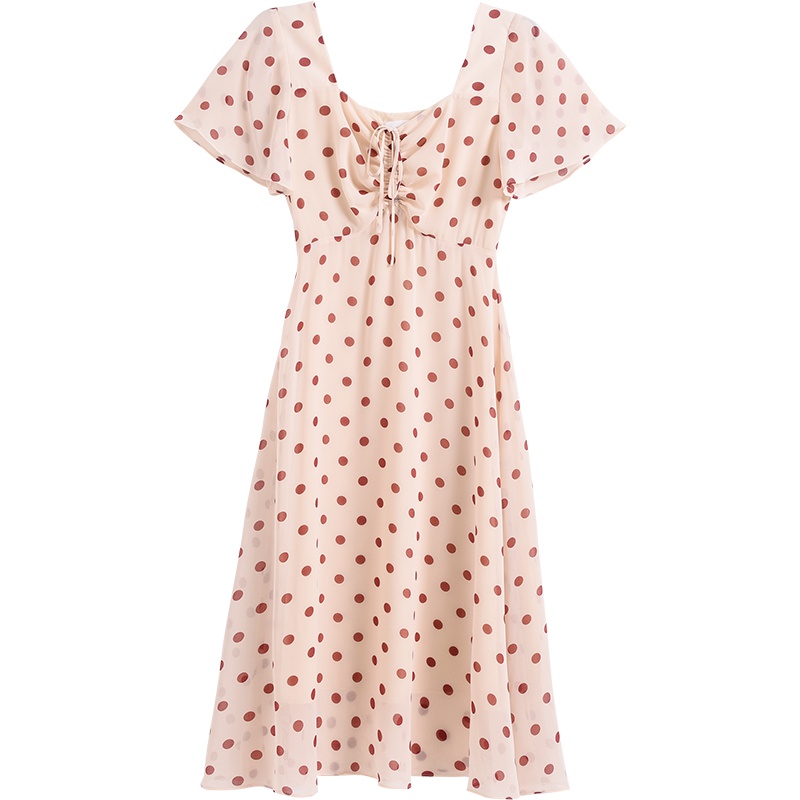 欧莎雪纺方领连衣裙女2019新款夏法式复古露背波点裙气质收腰显瘦