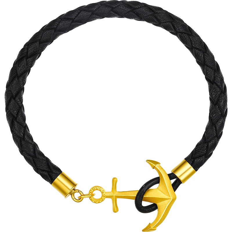 周大生黄金手链男 水手系列 正品新款船锚足金999手链皮绳黄金饰品