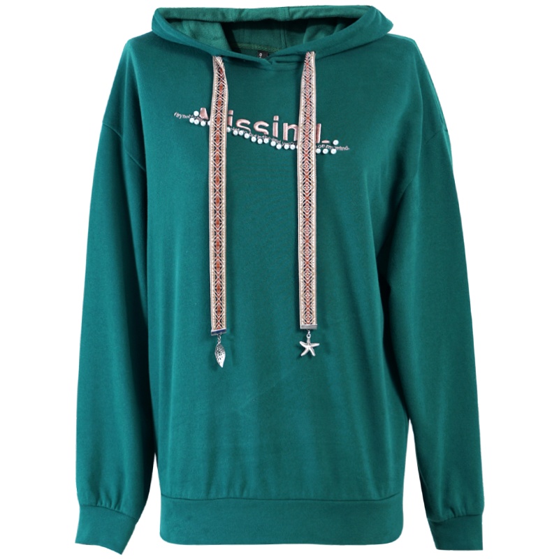 OUNIXUE欧昵雪 | [织带抽绳连帽上衣]春秋休闲风钉珠字母绣花长袖宽松卫衣女