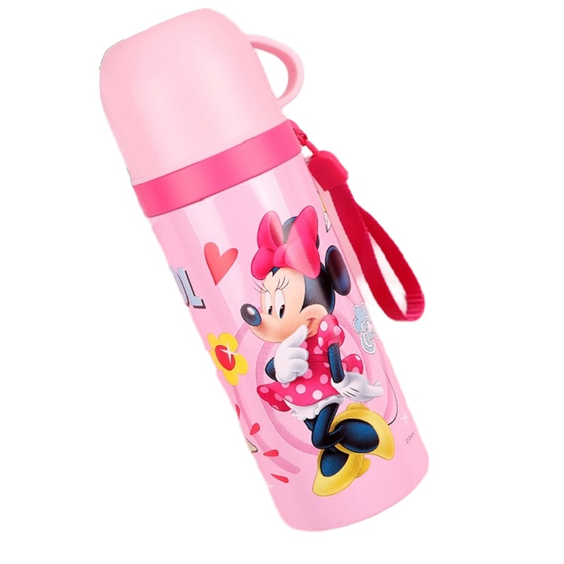 迪士尼真空双层幼儿园宝宝双盖卡通可爱女小学生儿童304不锈钢保温水杯水壶-粉色米妮真空双层保温杯400ML