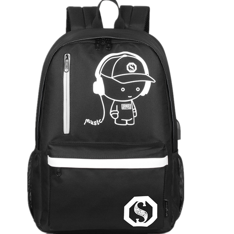 山奇品一中学生牛津布双肩包 男韩版学生夜光反光书包 耳机孔定制USB背包