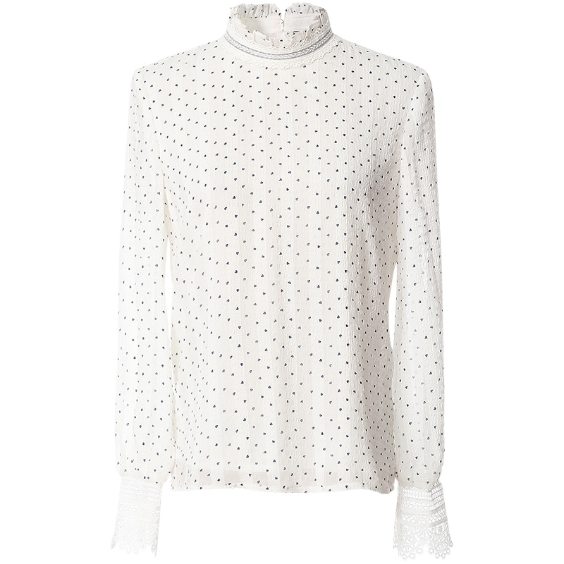 欧昵雪气质小众木耳边爱心印花雪纺衫女直筒显瘦上衣