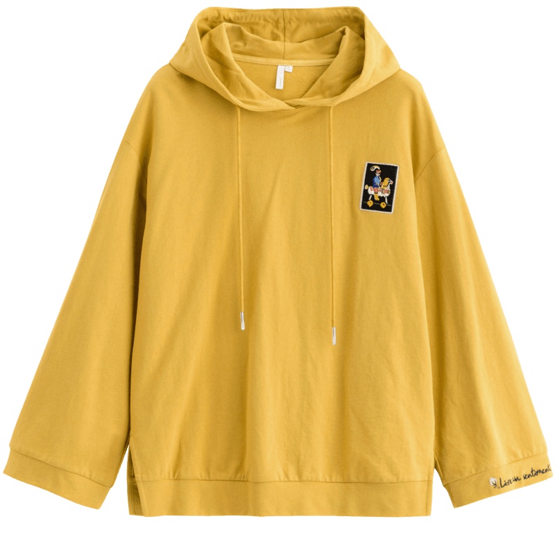 茵曼卫衣女2019秋季新款休闲连帽落肩袖宽松百搭侧开衩刺绣上衣