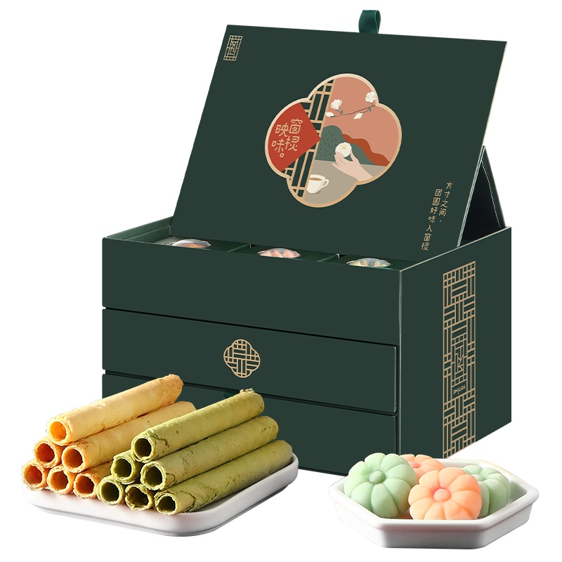 YOTIME 新年礼物糕点心礼盒 春节礼盒 绿豆糕蛋黄酥蛋卷三层精美伴手礼 年货礼盒送礼佳品定制团购 窗棂下团圆礼盒