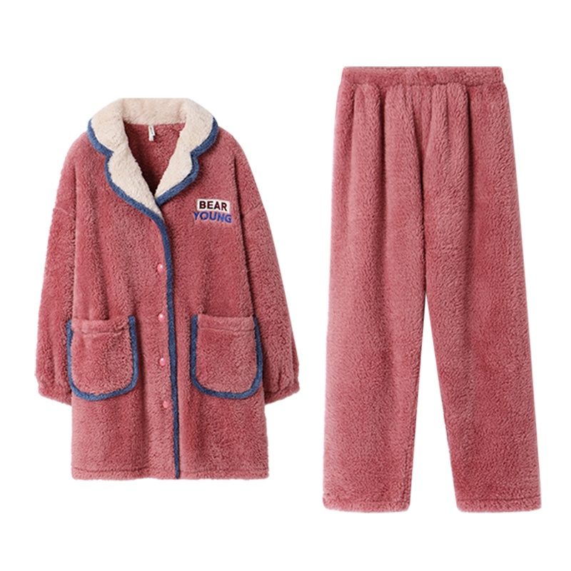 双面长毛绒素色长袖女套装