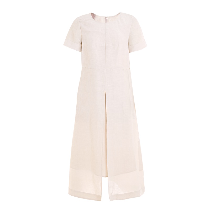 鄂尔多斯1980 春夏欢悦系列纯色简约圆领丝麻开衩A字高腰连衣裙女