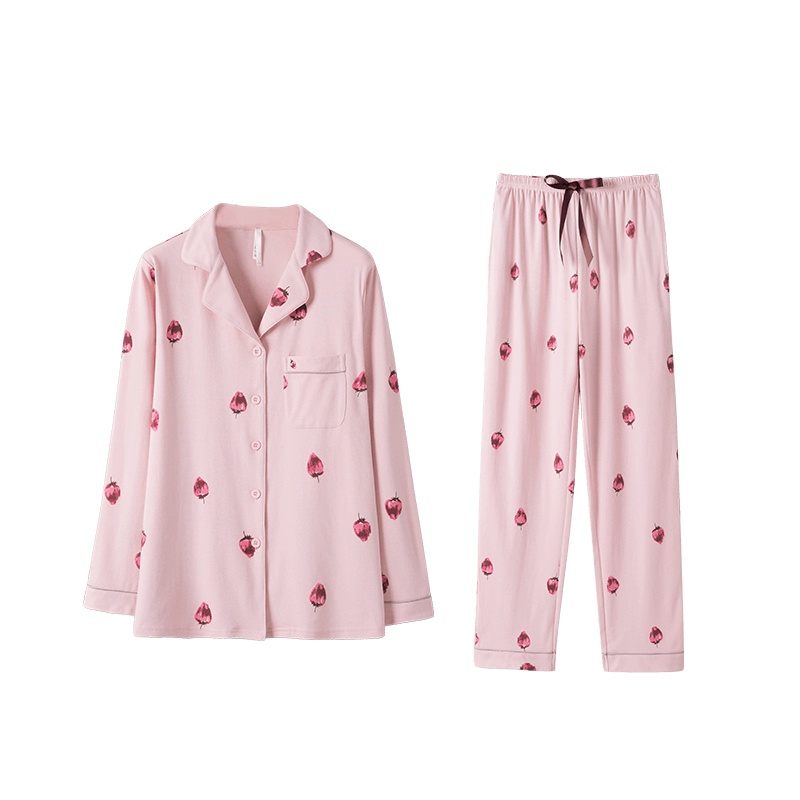 乌拉拉公主棉质双面针织印小草莓国民领长袖女套装W81D7241