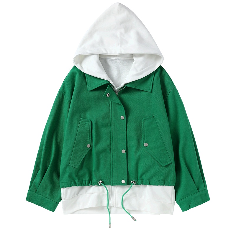 马克华菲女装2020春韩版短款外套假两件连帽夹克上衣糖果色