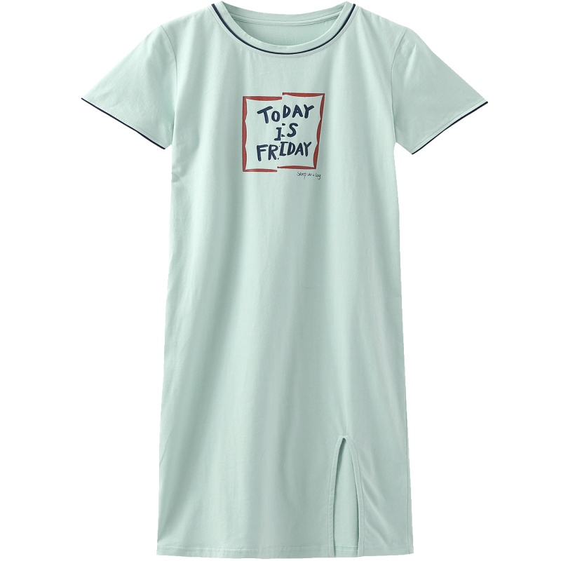 都市丽人简约森女风英文印花修身圆领女士家居服睡裙2H8601