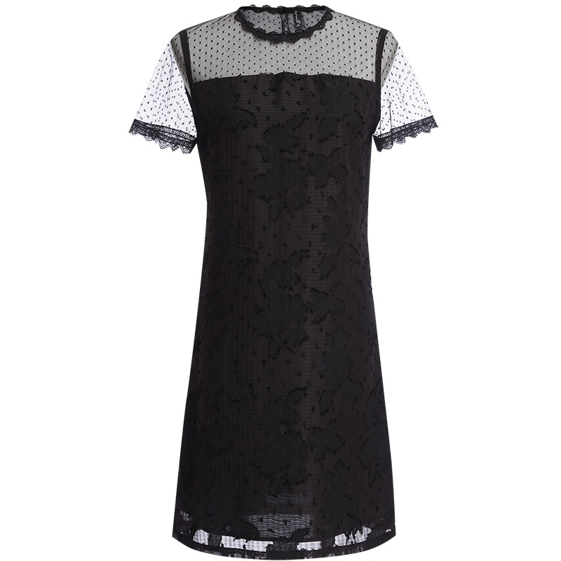 欧昵雪夏季短袖圆领圆点网纱拼接提花雪纺连衣裙女短裙