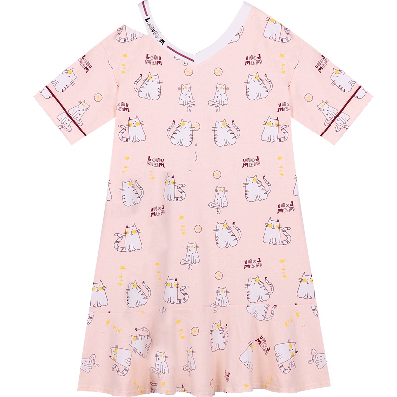 女士睡裙纯棉薄款可爱猫咪日系连衣裙短袖睡衣女夏家居服2019新款