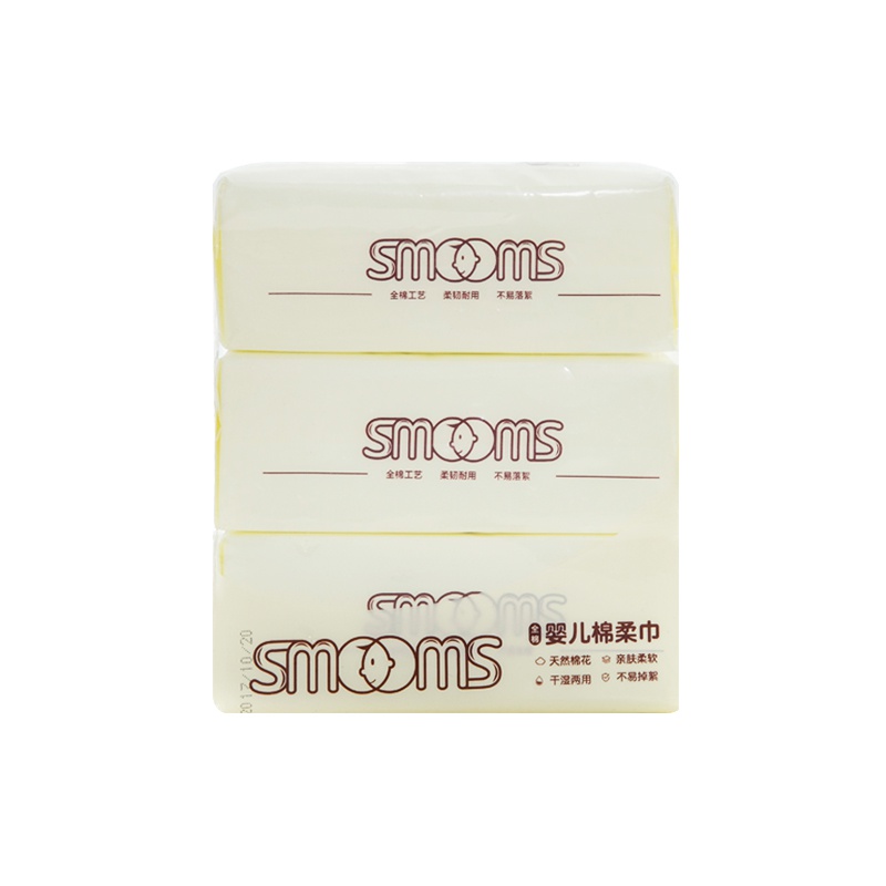 思萌SMOOMS 婴儿棉柔巾 宝宝干湿两用湿纸巾 纯棉柔软加大抽纸巾 100抽*3包