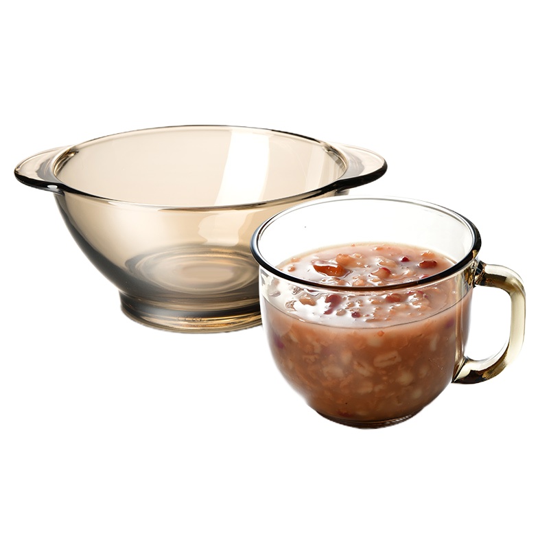 时光旧巷2件套北欧茶色玻璃碗米饭碗双耳沙拉碗麦片碗甜品碗家用耐热玻璃 1只茶色早餐杯+1只茶色双耳碗