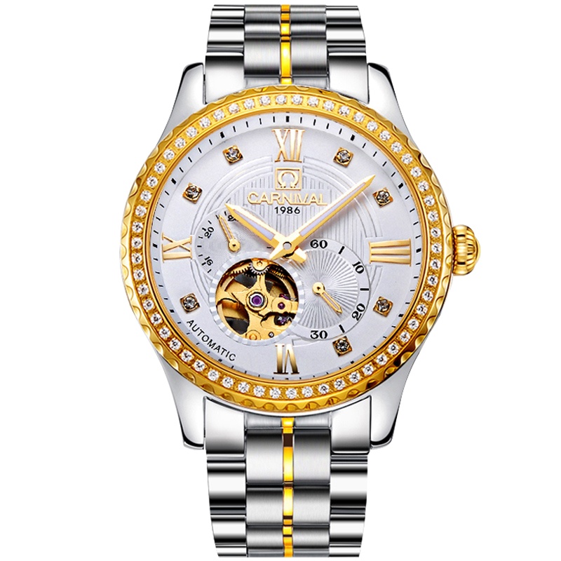 嘉年华CARNIVAL瑞士品牌新款男士手表全自动机械表 男金属精钢带镂空 进口MIYOTA机芯镶水钻防水休闲时尚7629