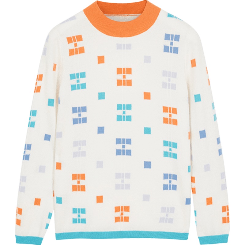 鄂尔多斯1980 20春夏半高领提花拼色设计女羊绒衫针织衫毛衣