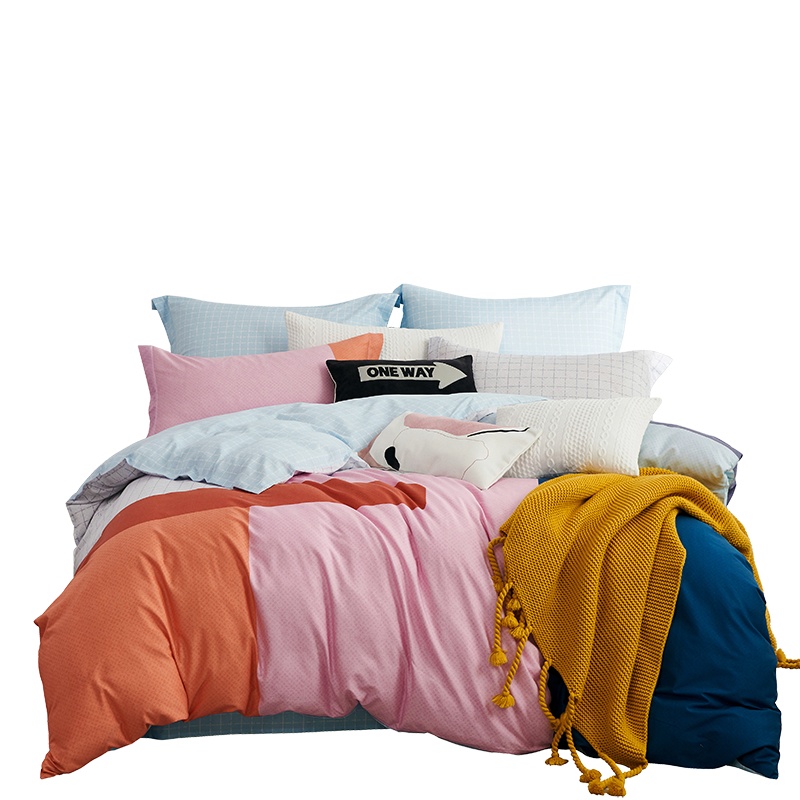 lovo乐蜗家纺床上四件套全棉纯棉北欧风几何撞色格子床单宿舍被套被罩
