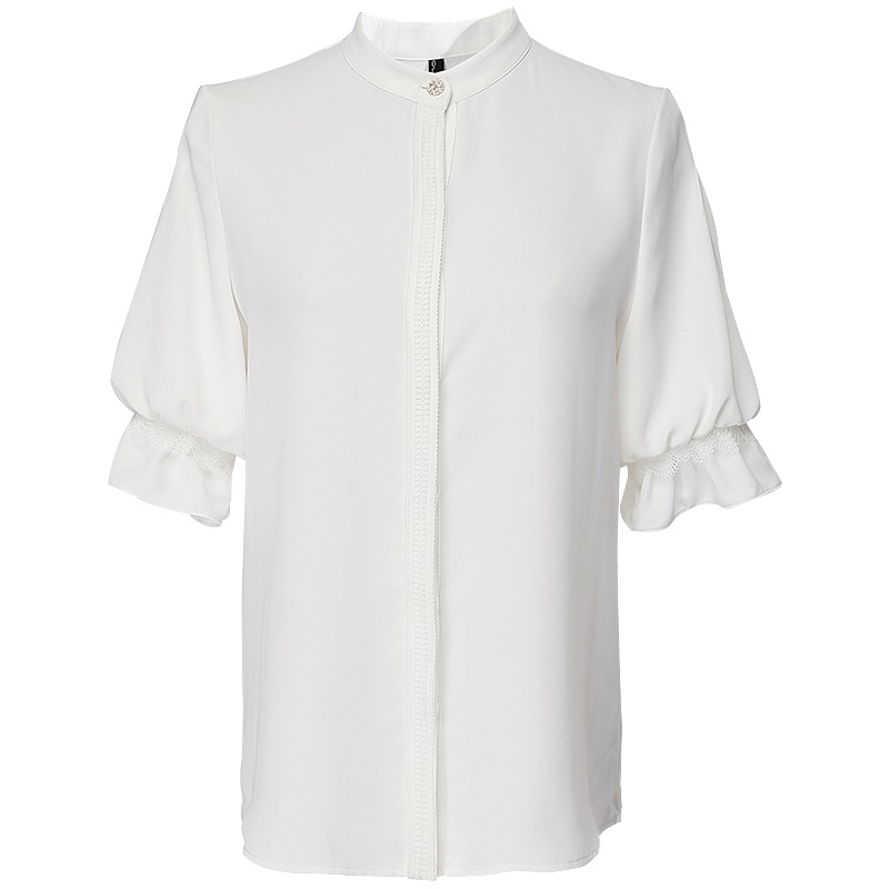 欧昵雪夏季荷叶边灯笼袖立领衬衫女短袖宽松气质衬衣小衫