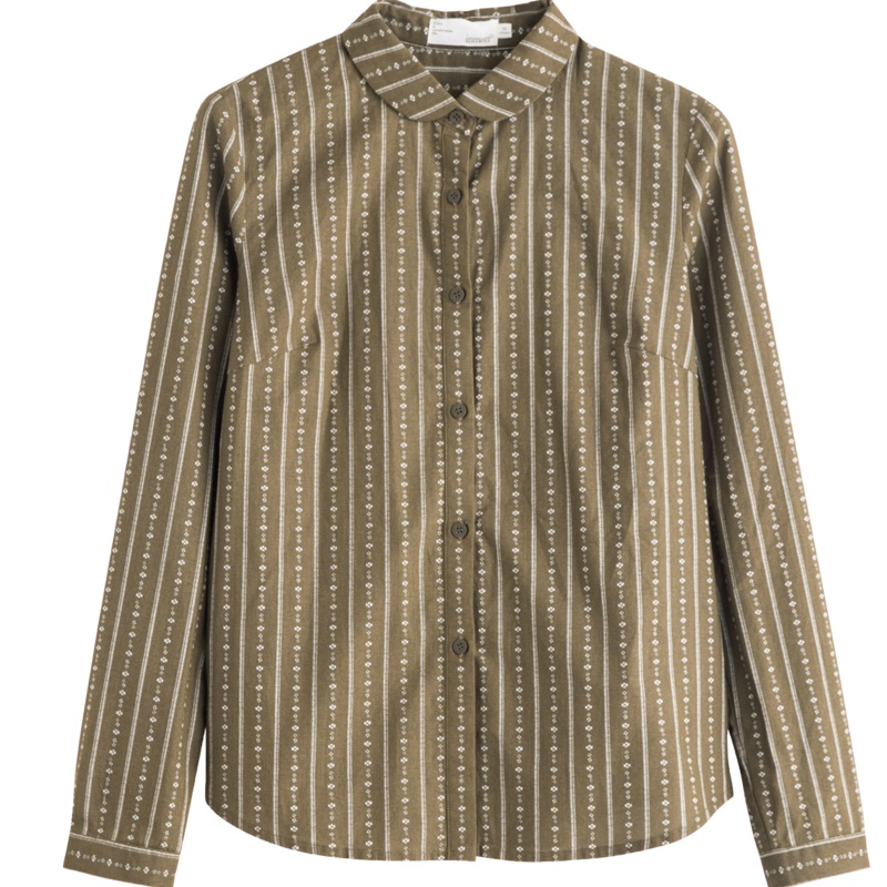 茵曼衬衣2019秋装新款文艺范纯棉翻领长袖竖条纹印花军绿色衬衫女