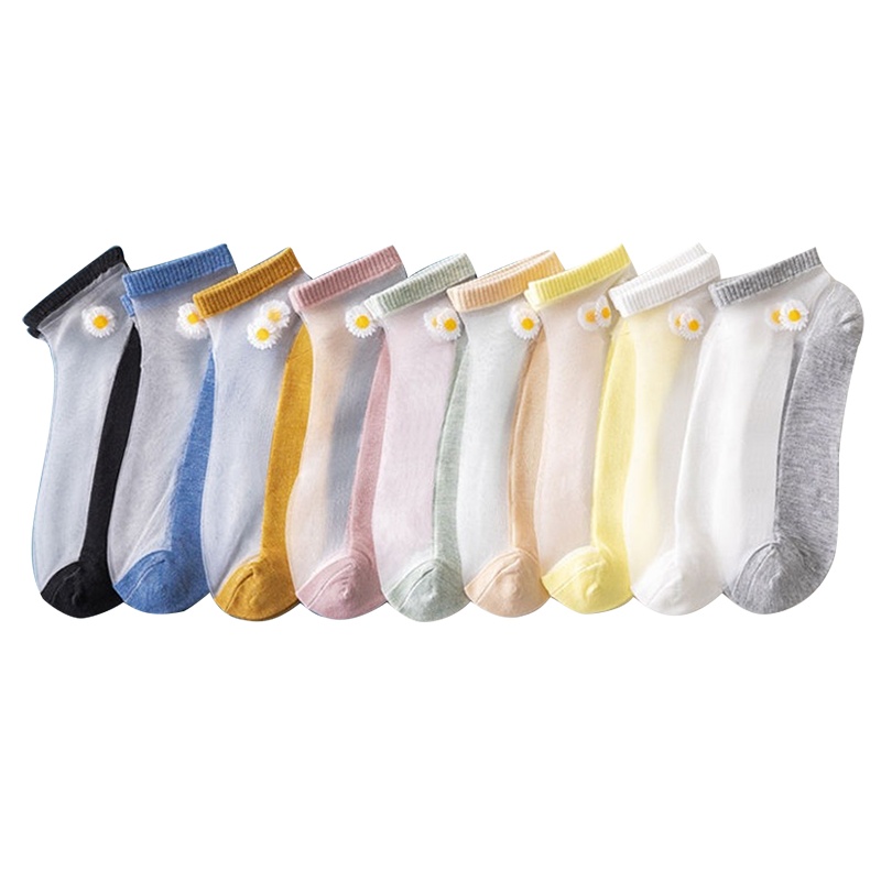 猫人10双装袜子女短袜浅口夏天小雏菊花朵蕾丝网红夏季薄款玻璃丝棉底水晶袜