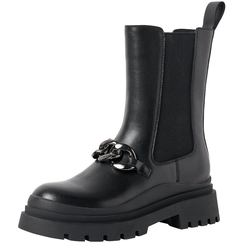 百田森烟筒靴女中筒切尔西靴2021冬季新款厚底英伦风金属链条冬靴