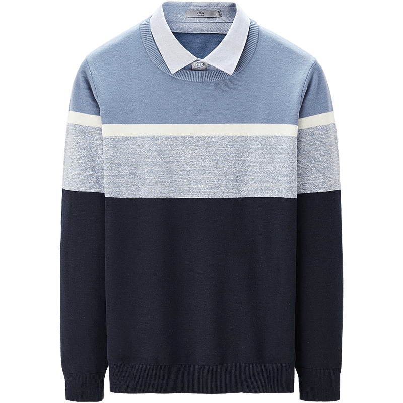 HLA海澜之家清新条纹双领针织衫2019秋季套头假两件男HNTJD3R038A