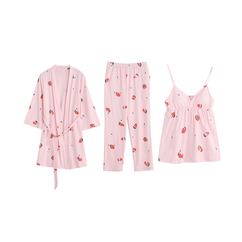 安之伴春秋棉质睡衣草莓卡通人三件套长袖女士家居服套装D73B402