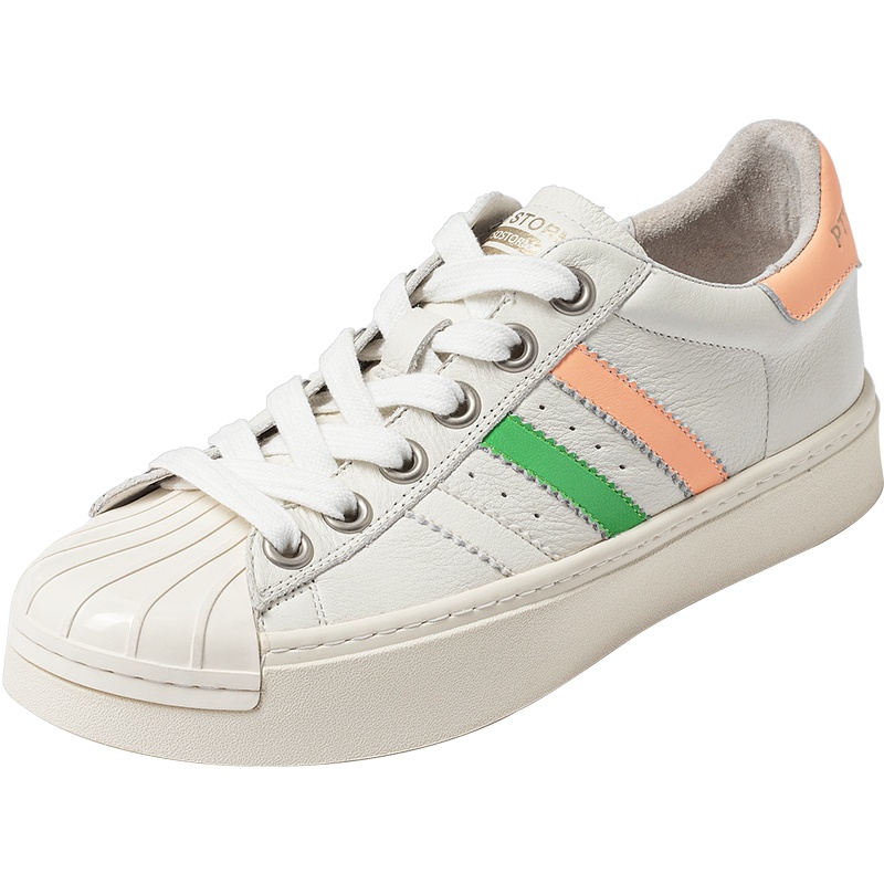 百田森夏季新款贝壳头小白鞋女拼接撞色纯皮真皮平底休闲女