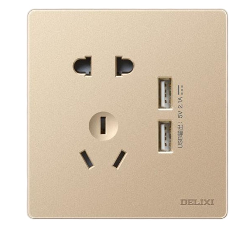 德力西 CD821系列 二位USB五孔插座 香槟金纯平大板 (单位：个）