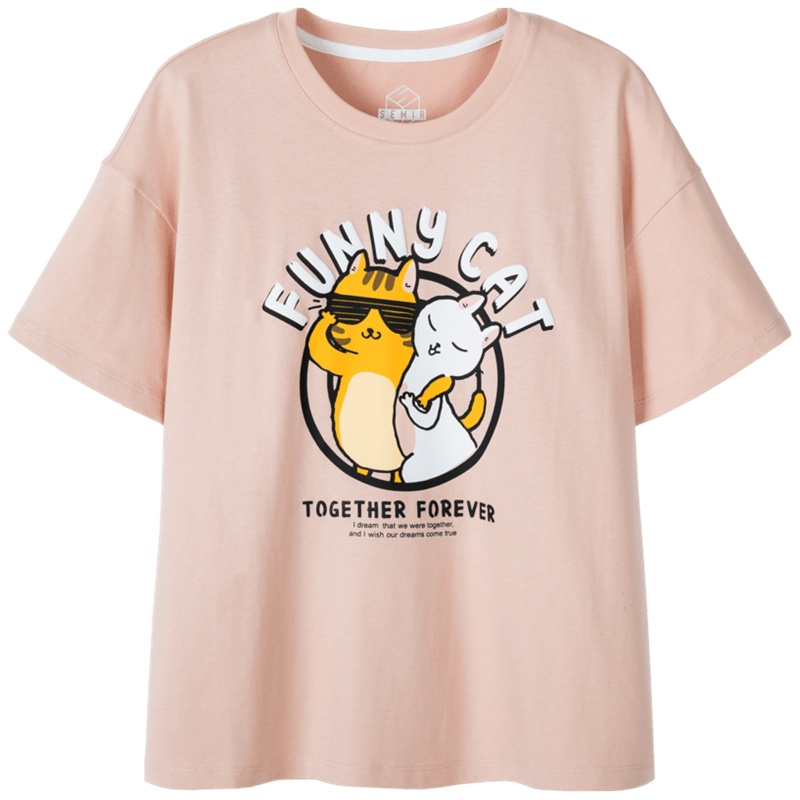 【满198减100预估价：39】森马T恤短袖女卡通白色T恤女可爱情侣网红t恤女ins