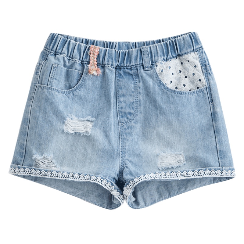 茵曼童装女童牛仔裤 复古磨破做旧短裤 中大童洗水牛仔裤