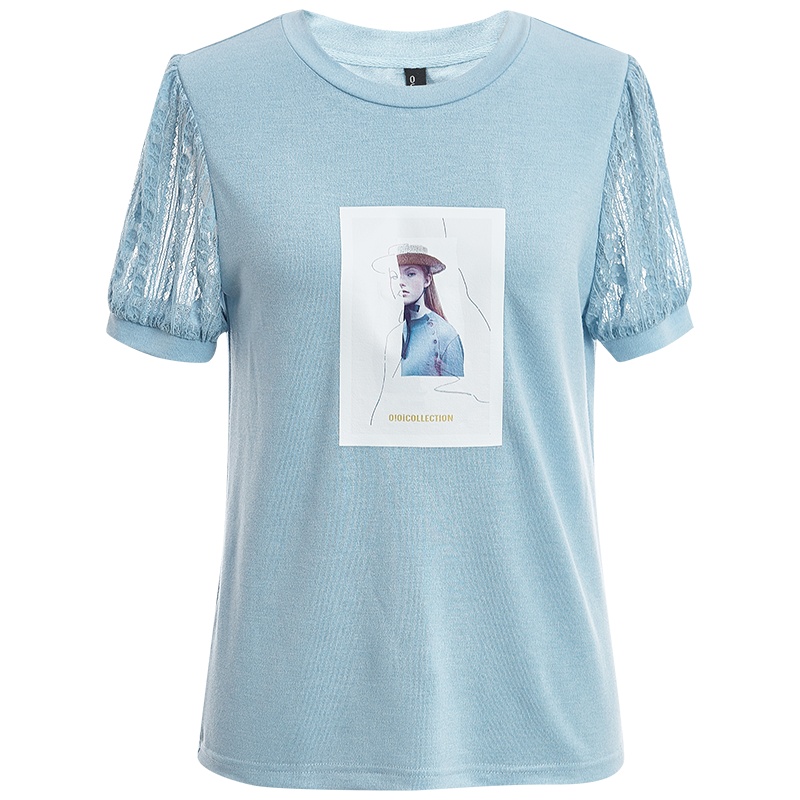 欧昵雪夏装圆领拼接蕾丝短袖人物烫图T恤女直筒纯棉上衣