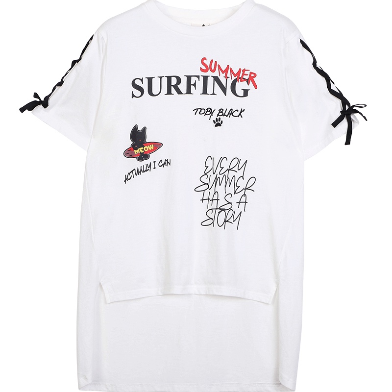 a02新款潮流字母印花甜美绑带前短后长短袖T恤女DTU2D1221KT