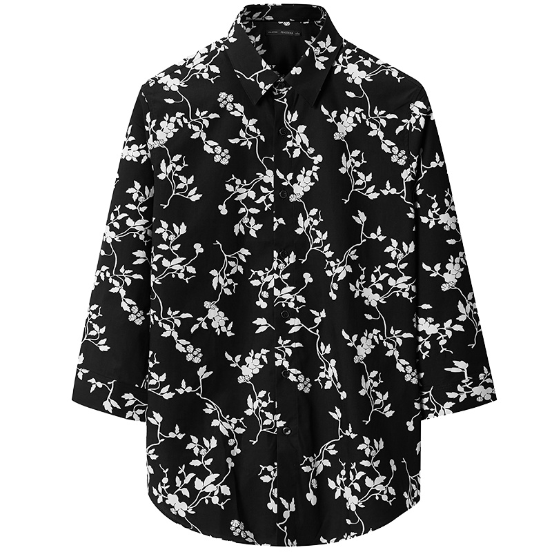 太平鸟男装黑色夏季中袖衬衫潮流休闲韩版七分袖衬衫