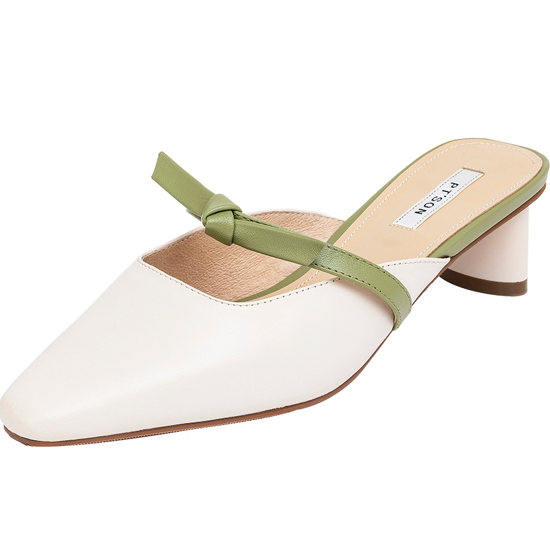 百田森春季新款包头拖鞋女外穿粗跟穆勒拖鞋撞色条带羊皮鞋女