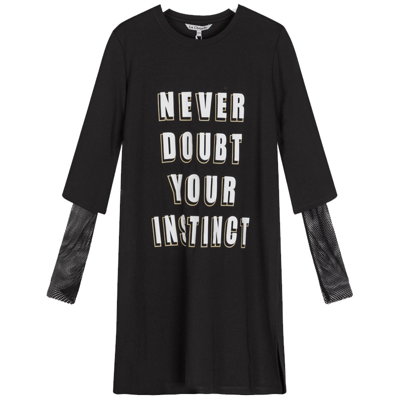 拉夏贝尔秋季女装新款韩版宽松显瘦网纱a字印花连衣裙女10014961