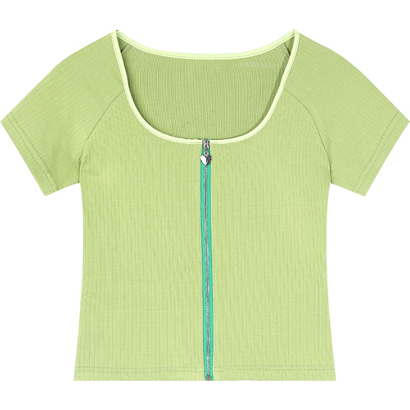 【新款】妖精的口袋高腰拉链短袖T恤女2020夏季新款修身短款上衣