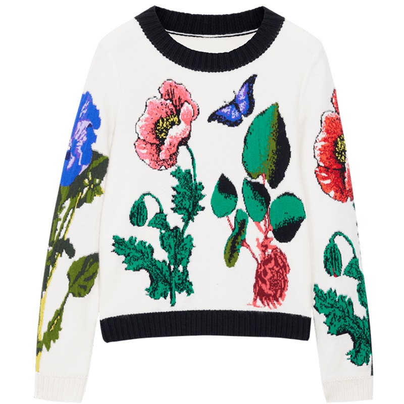 ERDOS 20春夏圆领植物花卉双提长袖女士羊绒针织衫