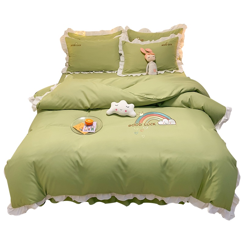 南极人韩版刺绣四件套韩式公主风花边床品家用1.8米床裙床笠套件