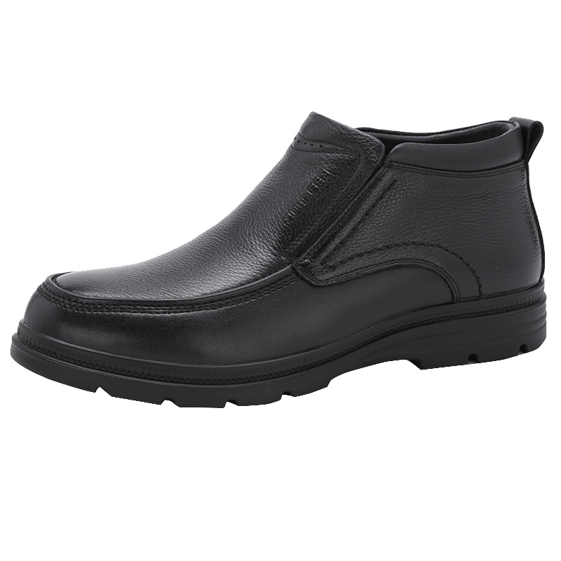 木林森男鞋2019新款皮鞋男高帮冬季加绒中年套脚防滑鞋子