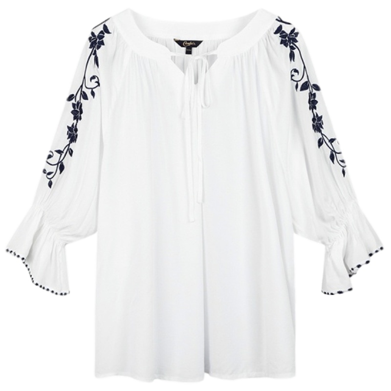 拉夏贝尔旗下Candies刺绣雪纺衫夏装新款宽松小衫仙女时尚女式衬衫 本白 S