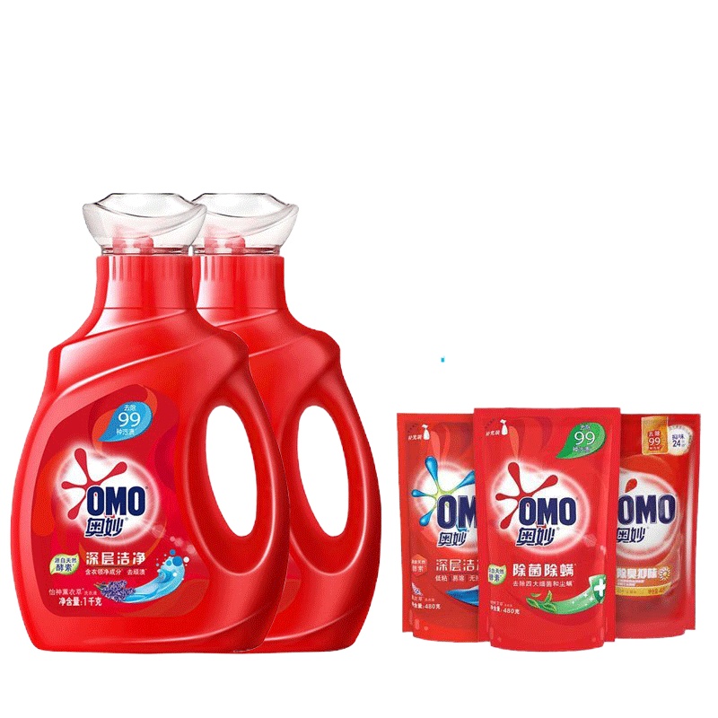 奥妙/OMO深层洁净酵素洗衣液1000g*2++480g奥妙洗衣液袋装随机香型 除菌除蟎 薰衣草香 手洗机洗家庭用