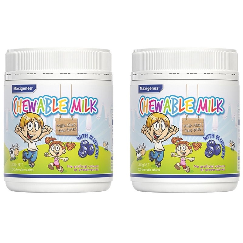 2件装丨Maxigenes美可卓蓝莓儿童成人咀嚼护眼片 高钙牛奶粉奶片150片/瓶 膳食营养补充剂 澳洲进口