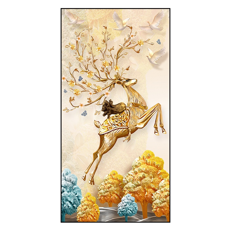 红绿蓝博艺新中式入户玄关装饰画福鹿百财现代简约客厅过道壁画北欧轻奢风墙面福禄进财挂画50x100cm