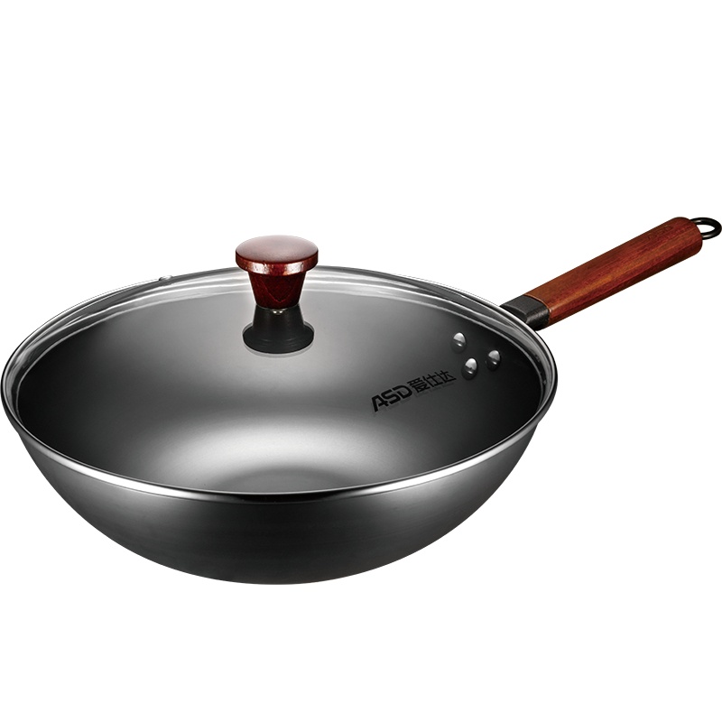 爱仕达(ASD)不易生锈爆炒锅32cm有盖 家用圆底无涂层省时节能轻松炒菜大精铁锅 圆环聚能底导热快 燃气灶明火专用锅具